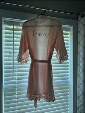 Personalized Lauren Pink Satin Bridal Robe with Lace Trim